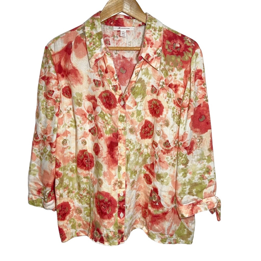 JM Collection Floral 100% Linen Tie Sleeve Shirt Womens Size 16 Colorful Fall